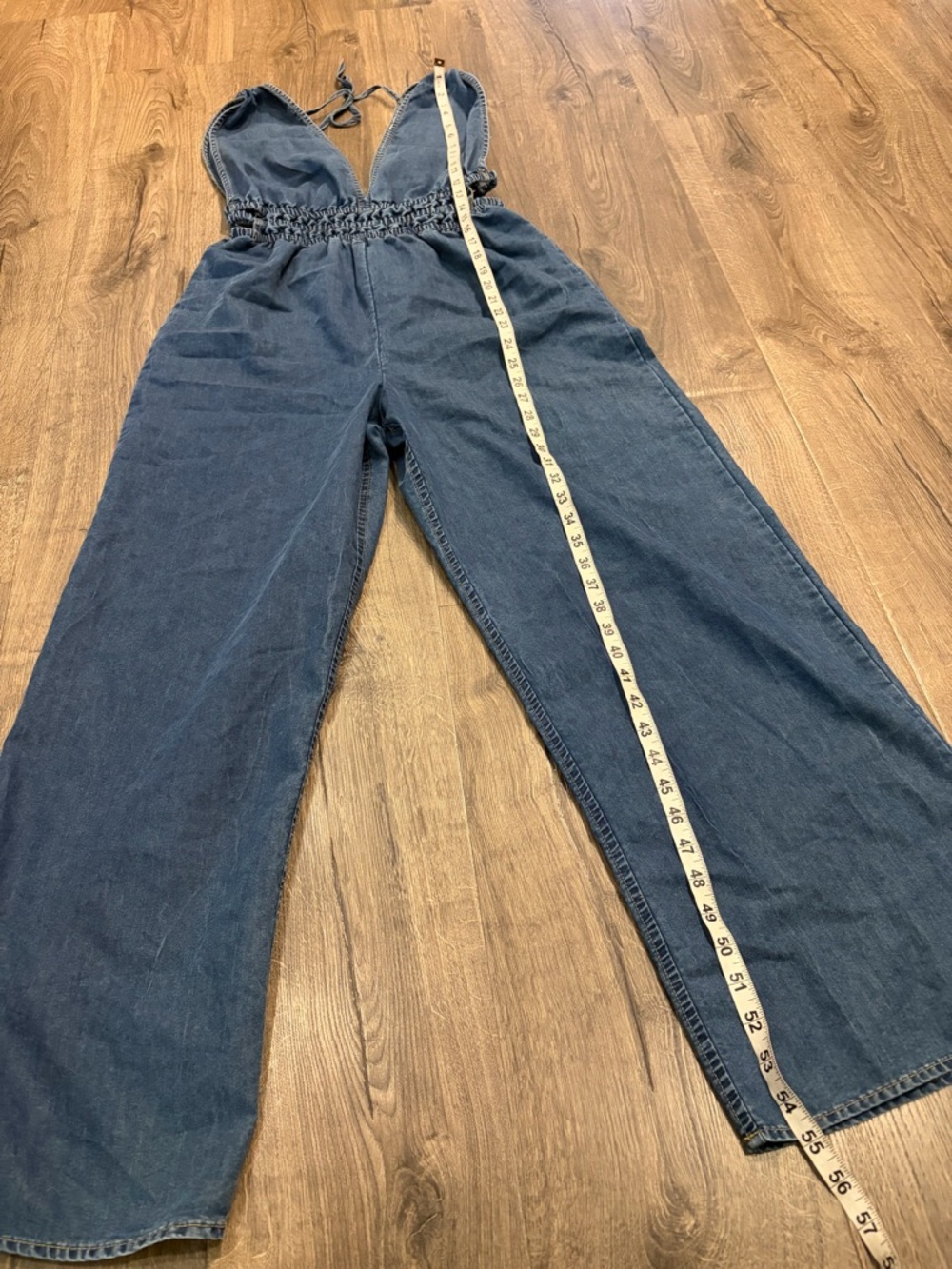 New Sleeveless Denim Jumpsuit M Wide Leg Blue Chambray Boho Comfy Chic Vacation - Picture 15 of 16